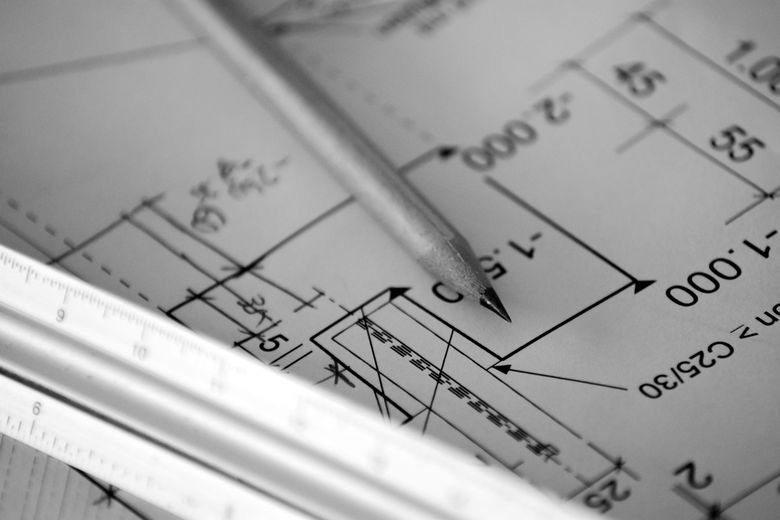 Technical drawing with a pencil and scale ruler